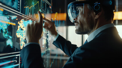 businessman using virtual reality technology for online trading in modern office, online digital business concept 