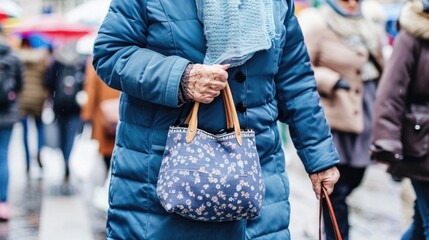 Person Walking on Busy City Street Carrying Blue Shopping Bag Among Crowd