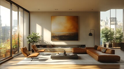 Obraz premium Neutral living room with leather furniture, simple decor, large wall for artwork, and modern floor lamps