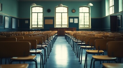 empty school class before final exams desks and chairs are neatly arranged in three rows overall plan : Generative AI