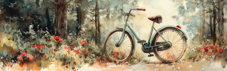 Fototapeta premium Green bicycle on serene forest path with flowers and trees around