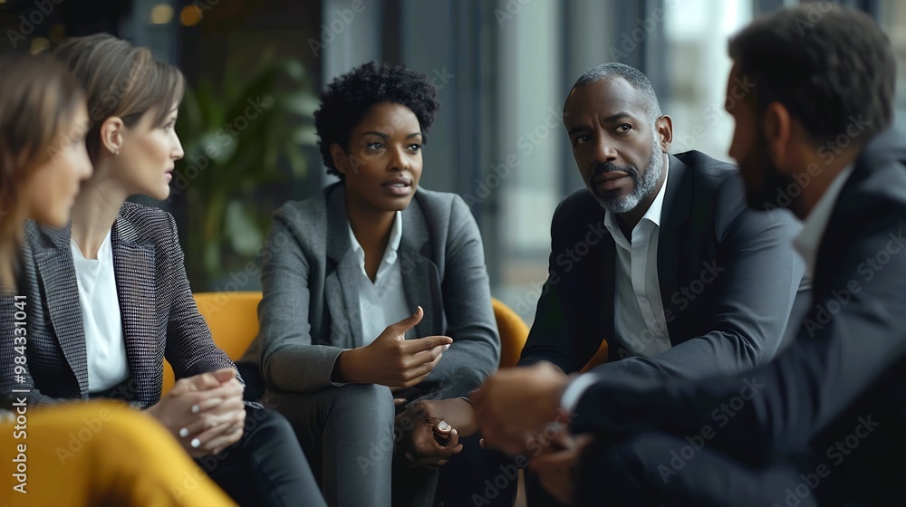 Poster multiethnic group of business people sitting in circle and brainstorming ideas : generative ai