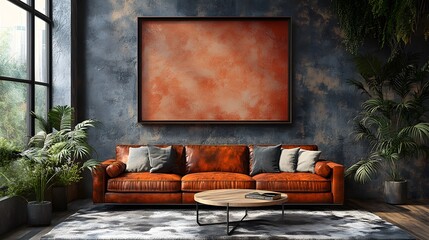 Contemporary living room design featuring a leather sofa, blank wall for art, wooden coffee table, and cozy textures