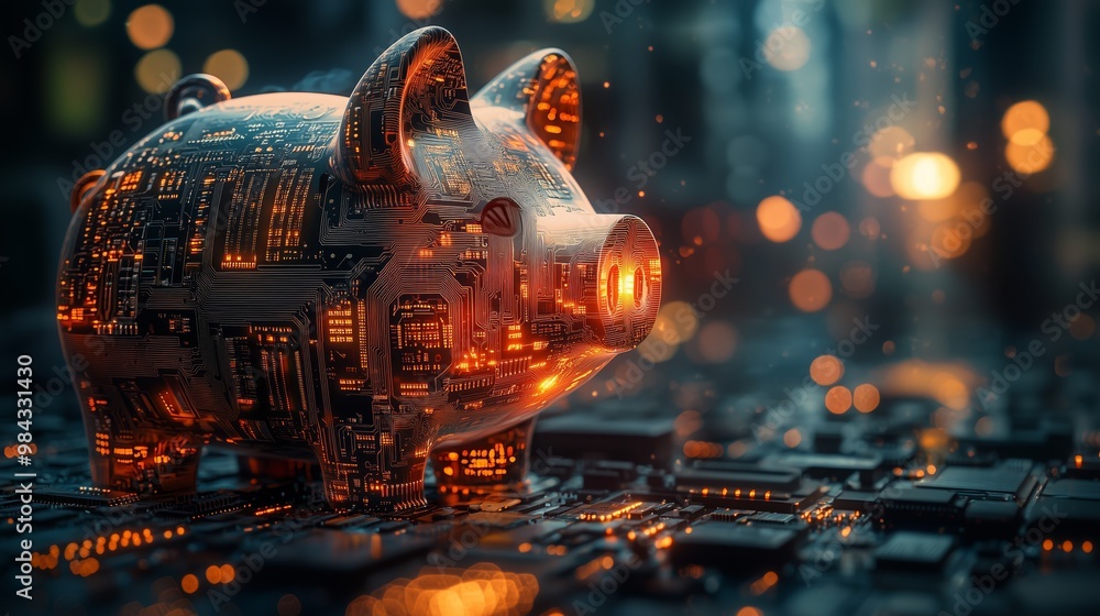Poster digital piggy bank with circuit patterns and lights