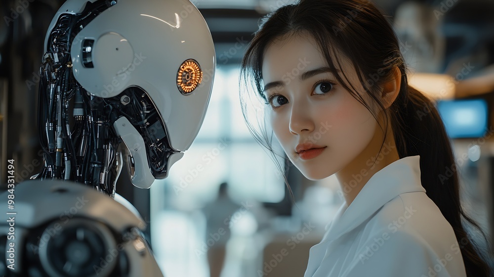 Aufkleber Human interact with AI artificial intelligence virtual assistant chatbot in concept of AI artificial intelligence prompt engineering LLM AI deep learning to use generative AI for work  : Generative AI