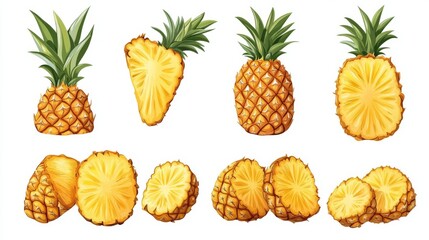 A set of pineapples and sliced pieces, isolated on a white background, perfect for a clean and fresh look