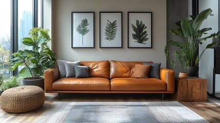 Cozy living room featuring leather seating, neutral wall for decor, wooden side table, and modern accents