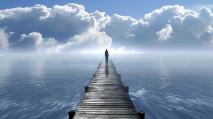 Obraz premium Wooden Dock Extending Into Calm Blue Water Under Dramatic Cloudy Sky