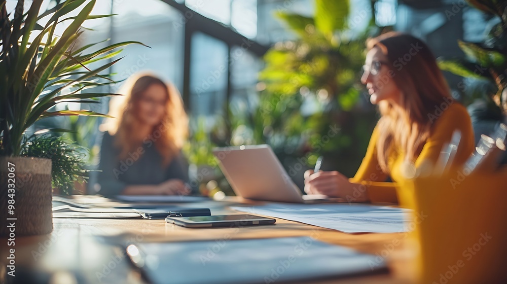 Aufkleber business people negotiating a contract discussing contract while working together in sunny modern of