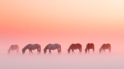 Obraz premium horses in the morning mist in a lonely landscape