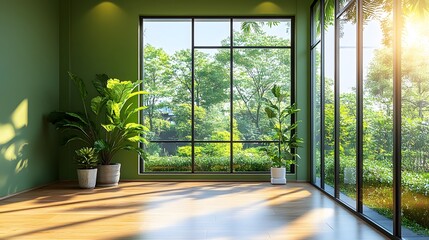 Empty living space featuring green olive wall, smooth flooring, and ample natural light