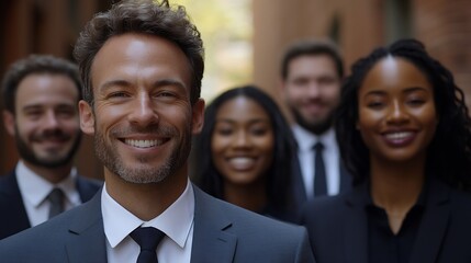 Fototapeta premium Cheerful smiling team of diverse business people in formal suit looking confident at camera with positive faces gathered outside the work building Happy corporate work team posing for : Generative AI