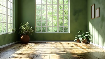 Empty living space featuring green olive wall, smooth flooring, and ample natural light