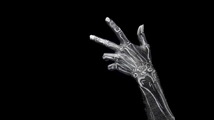 Trick or treat game. Human hand painted as skeleton gesturing against black background. Concept of Halloween theme, holiday. Copy space for ad