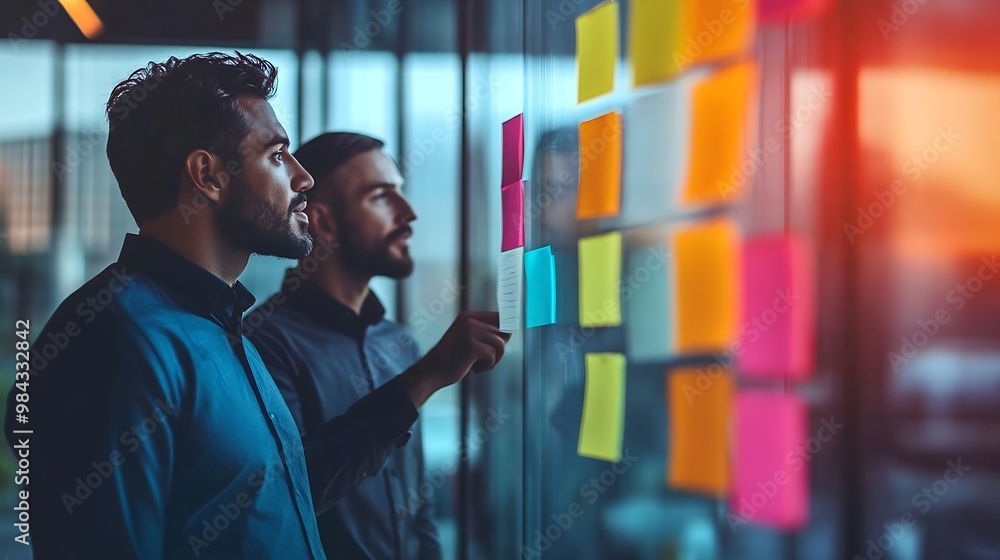 Poster business man brainstorming with his colleague using sticky notes creative business people standing n