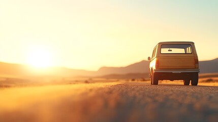 Fototapeta premium Nostalgic Vintage Road Trip at Sunset - Timeless Desert Landscape with Warm Tones Classic Car Adventure in Golden Hour Bliss