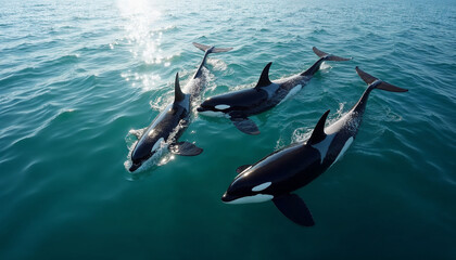 Obraz premium A pod of orcas swims gracefully through lightly rippled ocean waters under a clear sky.