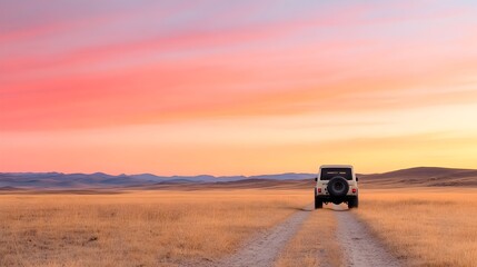 Fototapeta premium Adventurous Road Trip at Sunset - Off-Road Vehicle in Remote Landscape Under Dramatic Red Sky Capturing the Essence of Wild Exploration and Freedom