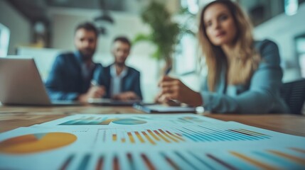 Successful multiethnic business people presenting analytical report while working together in office : Generative AI