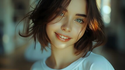 Obraz premium Smiling Young Woman Natural Light Beautiful Eyes Joyful Expression | AI Generated