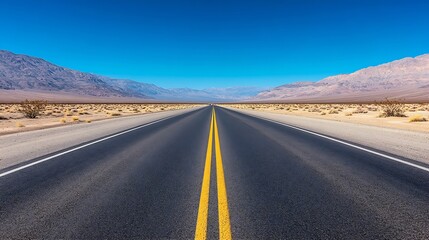 State Route 190 crosses Panamint Valley in Death Valley National Park California United States Empty desert road in Death Valley with clear blue sky : Generative AI