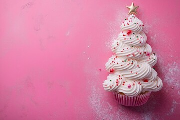 A frosted cupcake with a star on top and red and green sprinkles. The cupcake is placed on a pink background