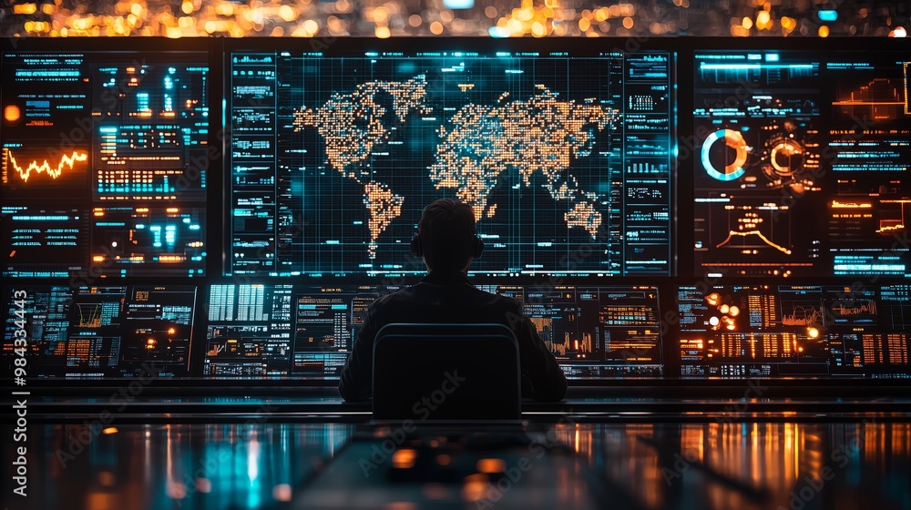 Poster high-tech control room with global data visualization