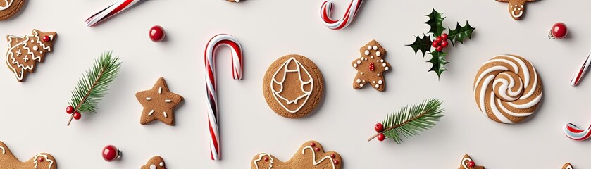 A festive arrangement of Christmas cookies, candy canes, and holiday decorations, creating a joyful, seasonal atmosphere. © สนิท เกษแก้ว