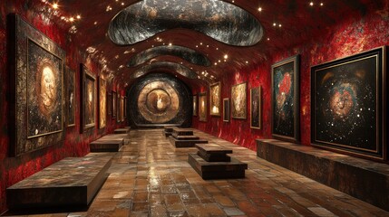 Obraz premium Art gallery featuring abstract paintings with dramatic lighting.