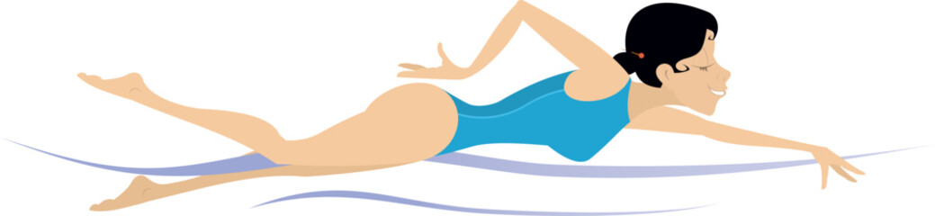 Swimming young woman. Colorful swimmer character illustration on white background. 
Active person. Sportswoman training in the pool. Healthcare, water sport concept

