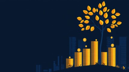 Fototapeta premium Tree and bar graph rising from gold coins, symbolizing perpetual business growth in a sleek, tech-inspired design.