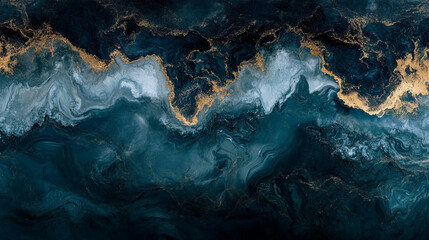 Abstract ocean-inspired artwork featuring deep blue and rich gold tones, creating a harmonious and luxurious visual experience.