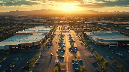 Afternoon aerial view of new shopping mall sprawl and empty lots of downtown Goodyear Arizona USA : Generative AI