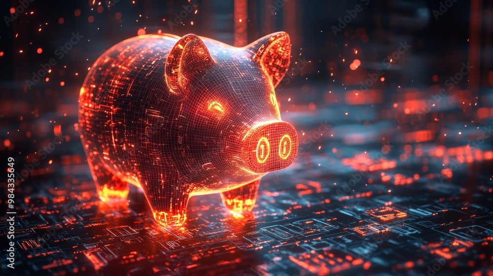 Poster digital piggy bank with neon glows and circuit patterns