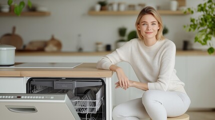 Young Woman of European American Descent Standing in Modern Minimalist White Kitchen Next to New Built-In Dishwasher