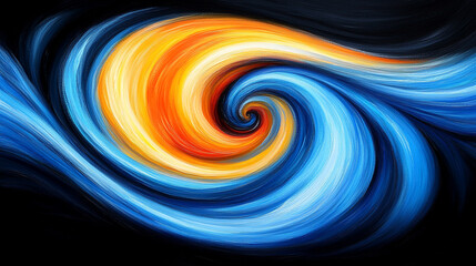 An abstract swirl of vibrant orange and blue hues, creating a dynamic and visually engaging composition on a dark background.