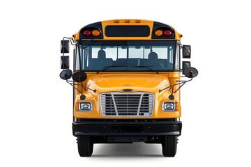 Bright yellow school bus head on, central grille, headlights, windshield, designed for students
