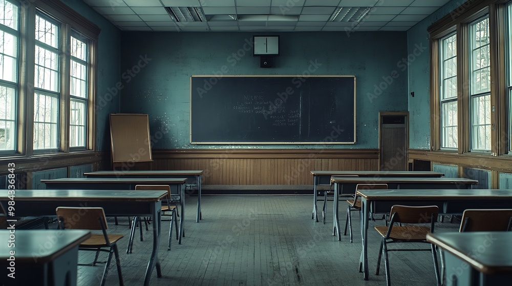 Poster example of an empty nondescript us high school classroom with desks window and black board : generat