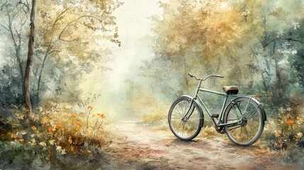 Fototapeta premium Green bicycle on serene forest path with flowers and trees around