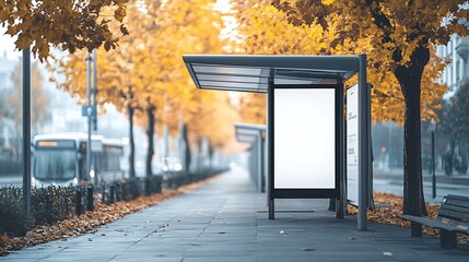 bus shelter at busstop blank white lightbox empty billboard bus shelter ad glass and aluminum structure transit station urban setting city street background stone sidewalk base for moc : Generative AI