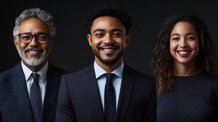 Collage of portraits of different ethnicities and mixed age group of smiling business professionals Three diverse business people isolated on black background waist up view : Generative AI