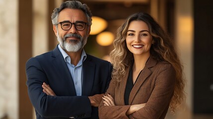 Portrait of two smiling mature Latin business man European business woman standing arms crossed isolated on beige background Diverse colleagues group team of confident professional bus : Generative AI