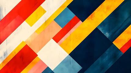 An abstract geometric pattern with vibrant color blocks featuring diagonal lines and overlapping shapes in bold primary colors and pastel accents with a retro-inspired design.