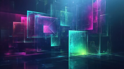 Obraz premium futuristic neon tech grid with glowing blocks, abstract sci-fi circuit design in vibrant colors