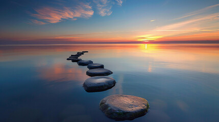 zen stones on the beach, waters for relaxation. Stepping stone zen path