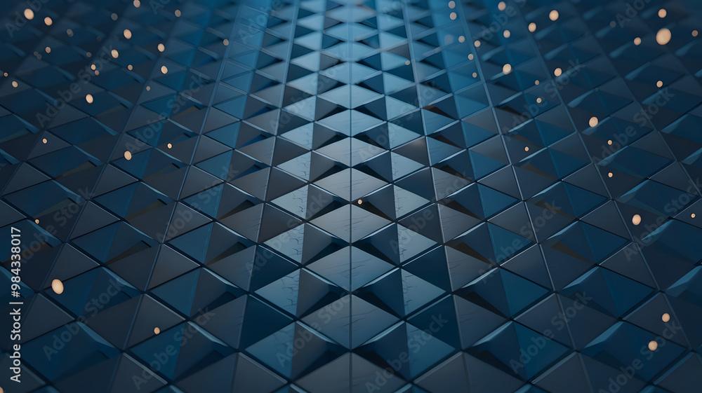 Poster geometric abyss: a mesmerizing expanse of blue triangular shapes, illuminated by subtle glowing poin