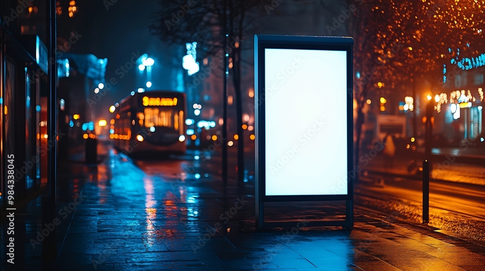 Poster mock up of blank white vertical light box on a bus stop in a city at night : generative ai