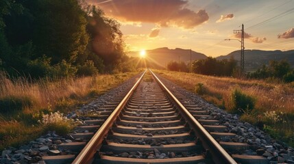 Fototapeta premium Railroad Tracks Leading into Golden Sunset over Mountain Landscape