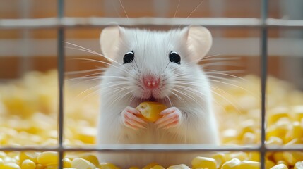 Fototapeta premium An adorable white mouse in a cage, holding food with tiny paws, bright curious eyes, soft fur texture, set against cage bars and a bed of yellow corn kernels in warm lighting.