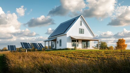 Obraz premium A sustainable farm house with off-white James Hardie siding, surrounded by organic fields and solar panels, highlighting the material's role in eco-friendly architectural design